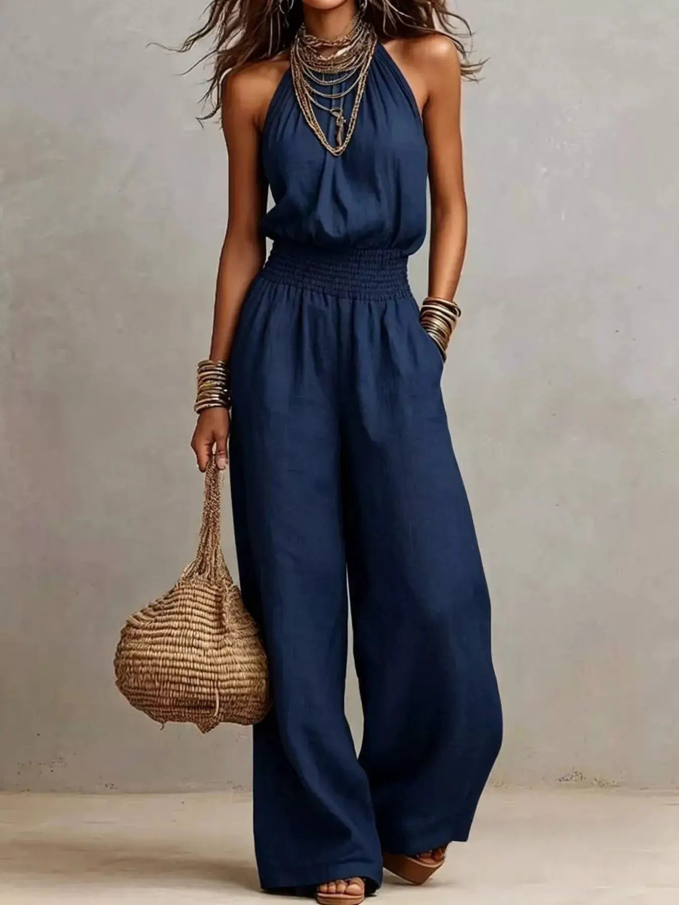 Smocked Halter Neck Wide-Leg Jumpsuit by Trendsi