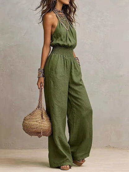 Smocked Halter Neck Wide-Leg Jumpsuit by Trendsi