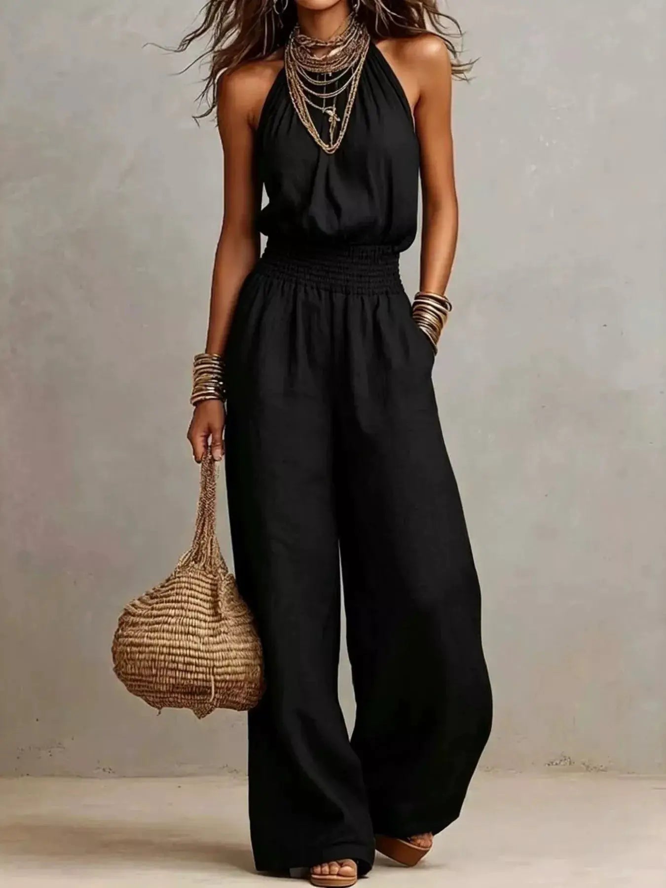 Smocked Halter Neck Wide-Leg Jumpsuit by Trendsi