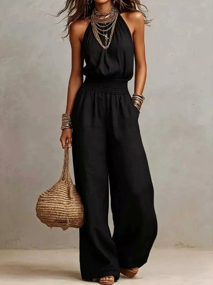 Smocked Halter Neck Wide-Leg Jumpsuit by Trendsi