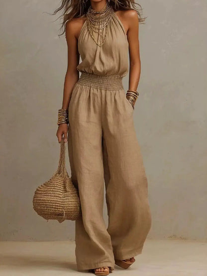 Smocked Halter Neck Wide-Leg Jumpsuit by Trendsi