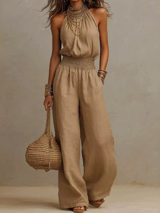 Smocked Halter Neck Wide-Leg Jumpsuit - Bitsy Gypsy Boutique