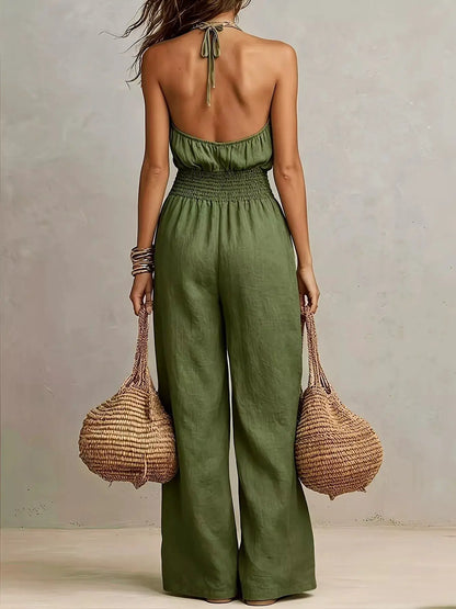 Smocked Halter Neck Wide-Leg Jumpsuit by Trendsi