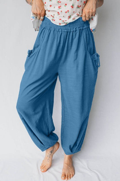 Smocked High Waist Drawstring Pocket Jogger Pants - Bitsy Gypsy Boutique