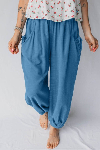 Smocked High Waist Drawstring Pocket Jogger Pants - Bitsy Gypsy Boutique