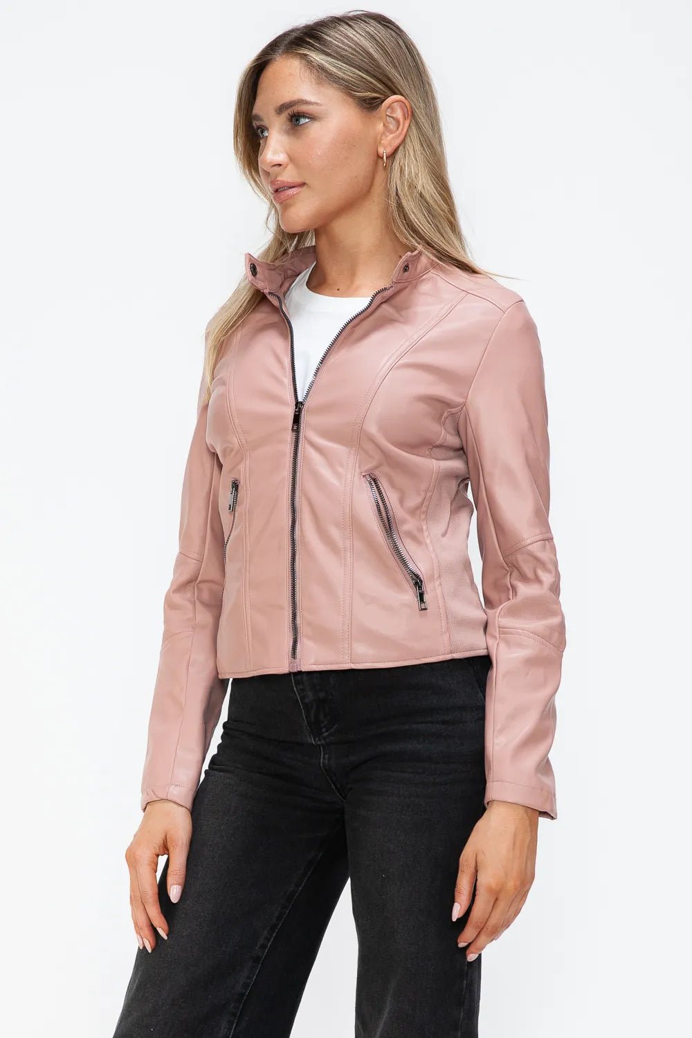 Snobbish Faux Leather Zip Up Drawstring Hooded Jacket - Bitsy Gypsy Boutique