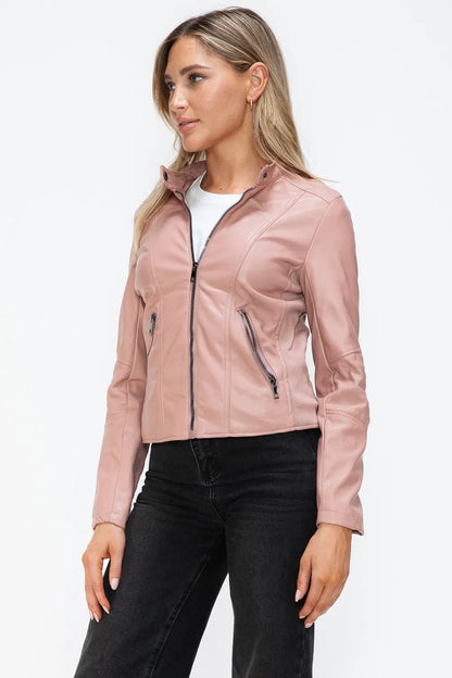 Snobbish Faux Leather Zip Up Drawstring Hooded Jacket - Bitsy Gypsy Boutique