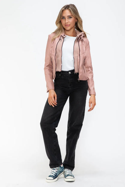 Snobbish Faux Leather Zip Up Drawstring Hooded Jacket - Bitsy Gypsy Boutique