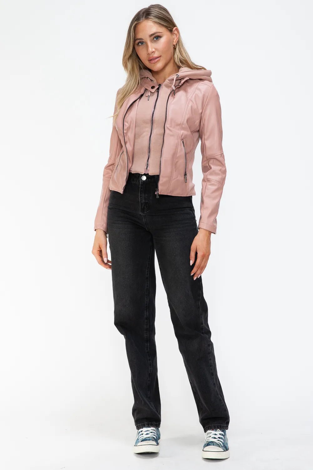 Snobbish Faux Leather Zip Up Drawstring Hooded Jacket - Bitsy Gypsy Boutique