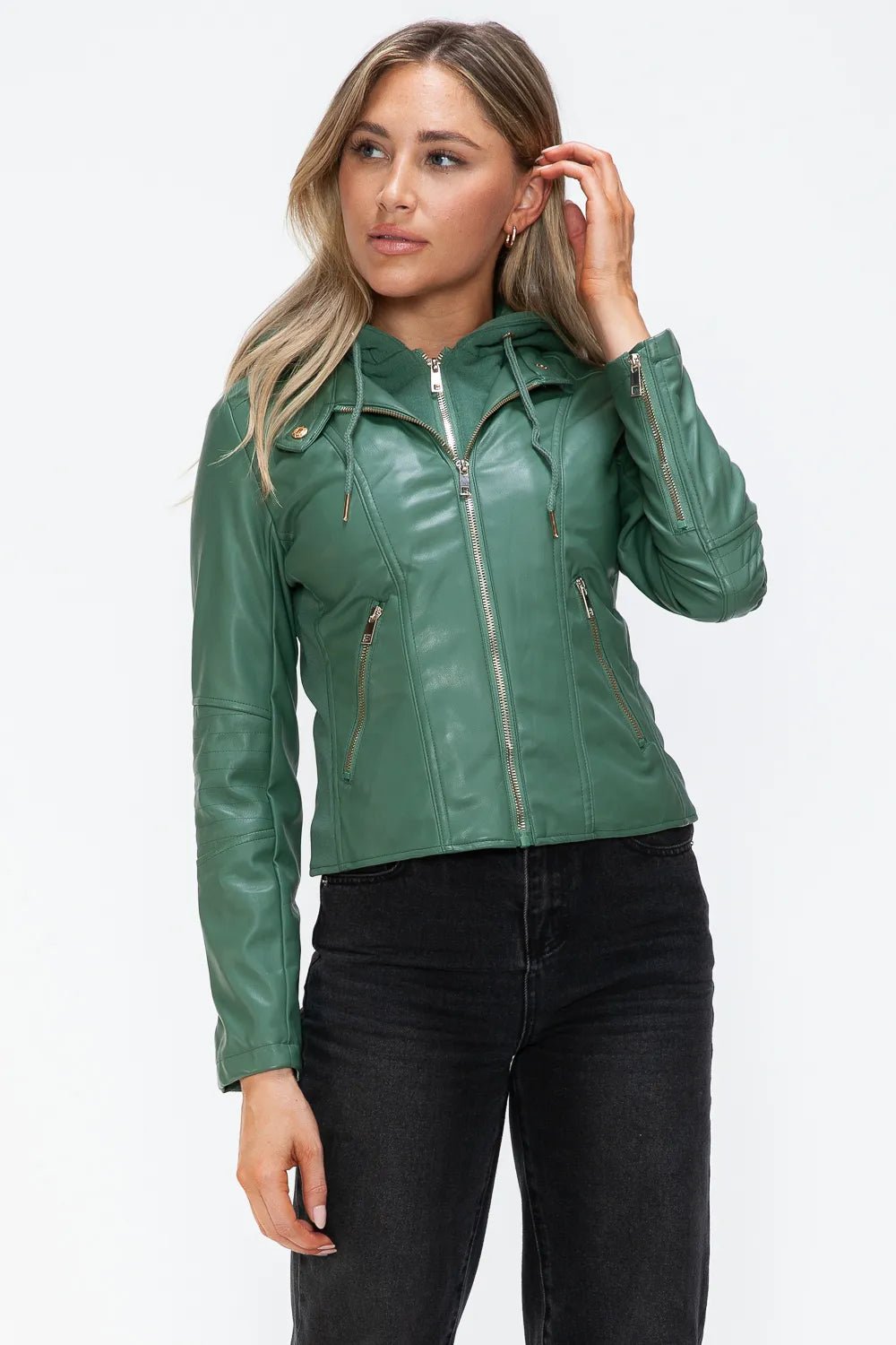 Snobbish Faux Leather Zip Up Drawstring Hooded Jacket - Bitsy Gypsy Boutique