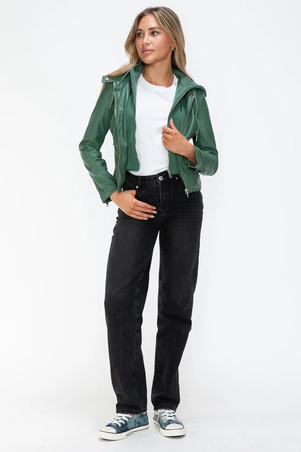 Snobbish Faux Leather Zip Up Drawstring Hooded Jacket - Bitsy Gypsy Boutique