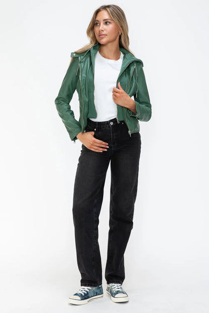 Snobbish Faux Leather Zip Up Drawstring Hooded Jacket - Bitsy Gypsy Boutique