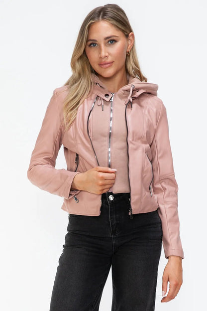 Snobbish Faux Leather Zip Up Drawstring Hooded Jacket - Bitsy Gypsy Boutique