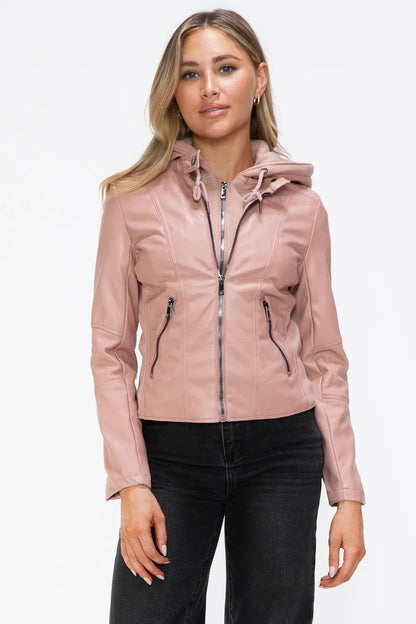 Snobbish Faux Leather Zip Up Drawstring Hooded Jacket - Bitsy Gypsy Boutique