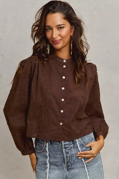 SO ME 3d Floral Woven Long Sleeve Front Button Shirt - Bitsy Gypsy Boutique