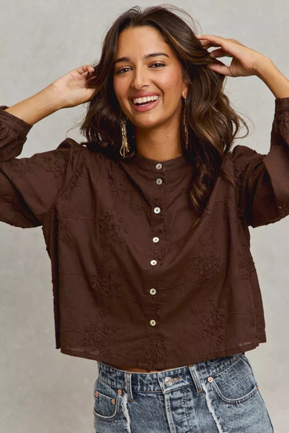 SO ME 3d Floral Woven Long Sleeve Front Button Shirt - Bitsy Gypsy Boutique