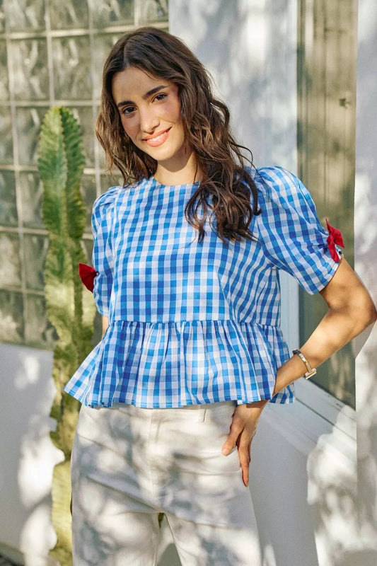 SO ME 4th Of July Gingham Ribbon Detail Short Sleeves Blouse - Bitsy Gypsy Boutique