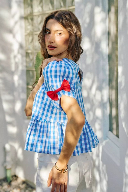 SO ME 4th Of July Gingham Ribbon Detail Short Sleeves Blouse - Bitsy Gypsy Boutique