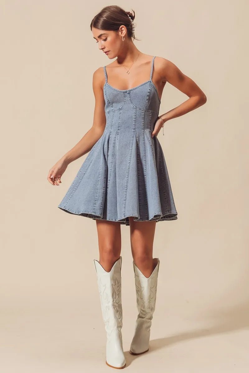 SO ME A Line Fit and Flare Denim Mini Dress - Bitsy Gypsy Boutique