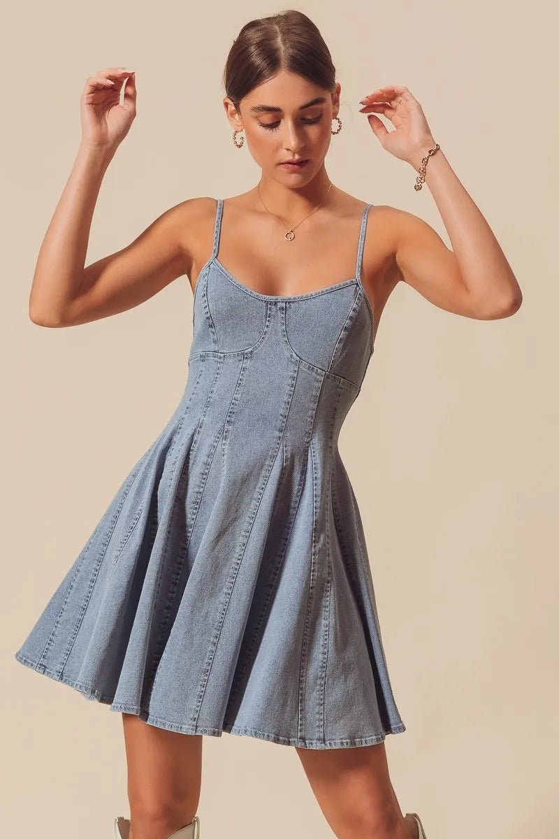 SO ME A Line Fit and Flare Denim Mini Dress - Bitsy Gypsy Boutique