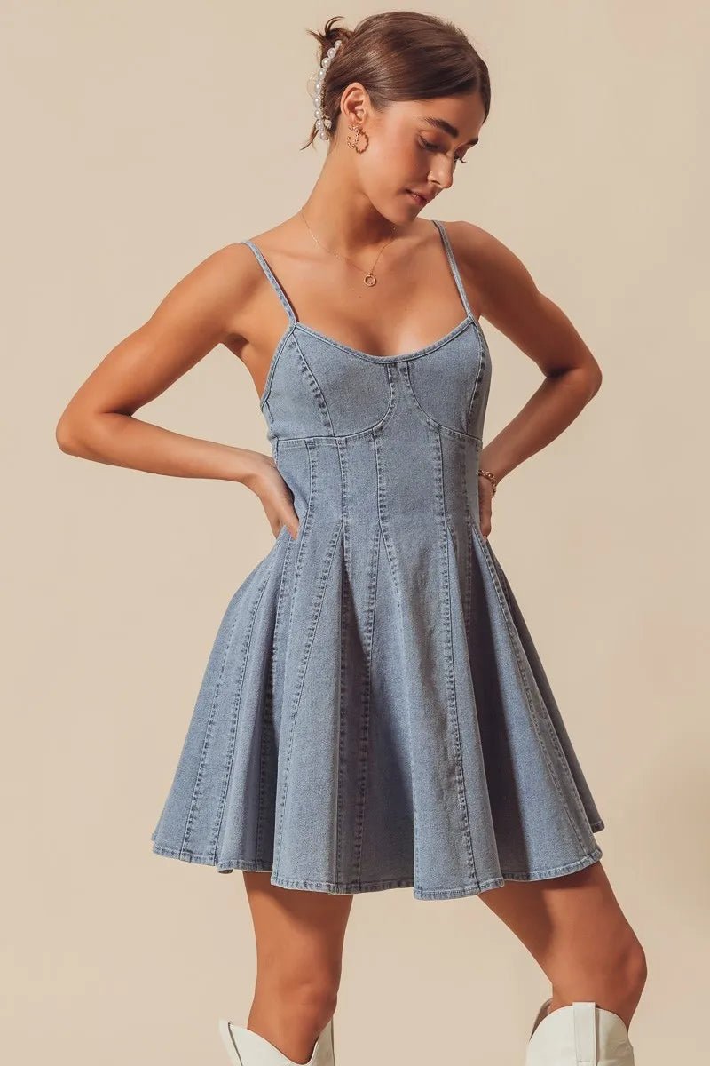 SO ME A Line Fit and Flare Denim Mini Dress - Bitsy Gypsy Boutique
