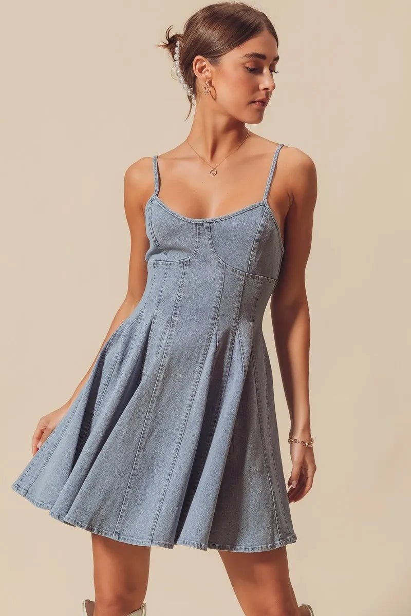 SO ME A Line Fit and Flare Denim Mini Dress - Bitsy Gypsy Boutique