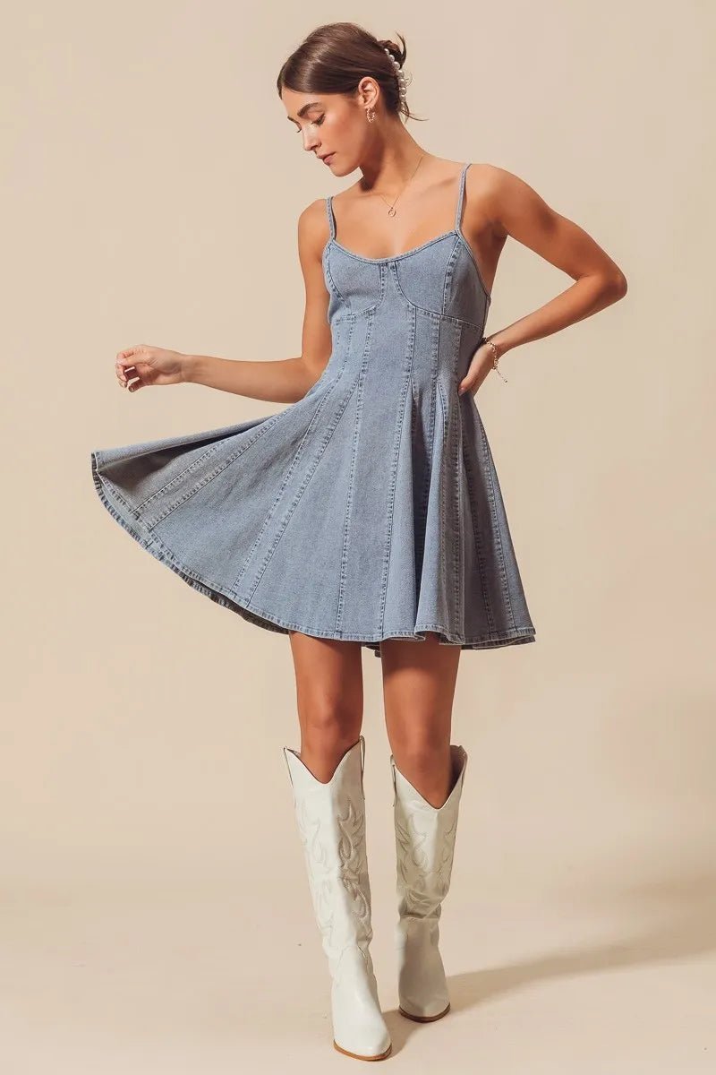 SO ME A Line Fit and Flare Denim Mini Dress - Bitsy Gypsy Boutique