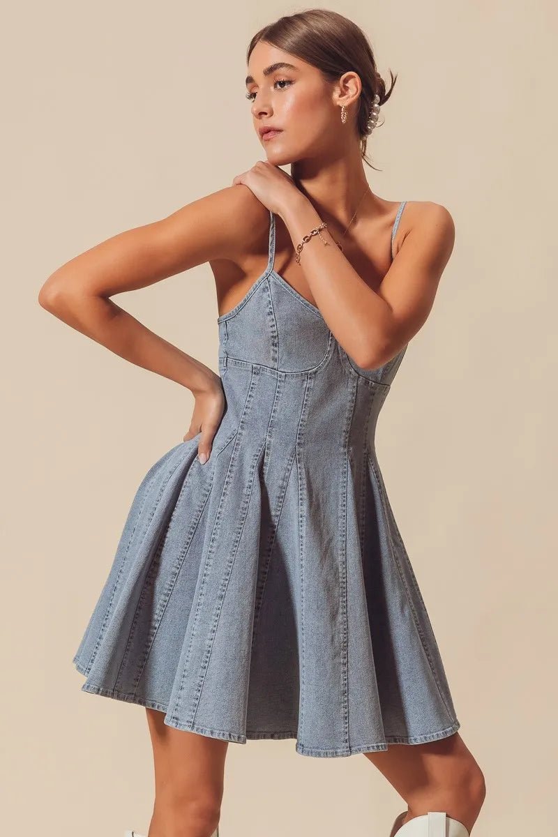 SO ME A Line Fit and Flare Denim Mini Dress - Bitsy Gypsy Boutique