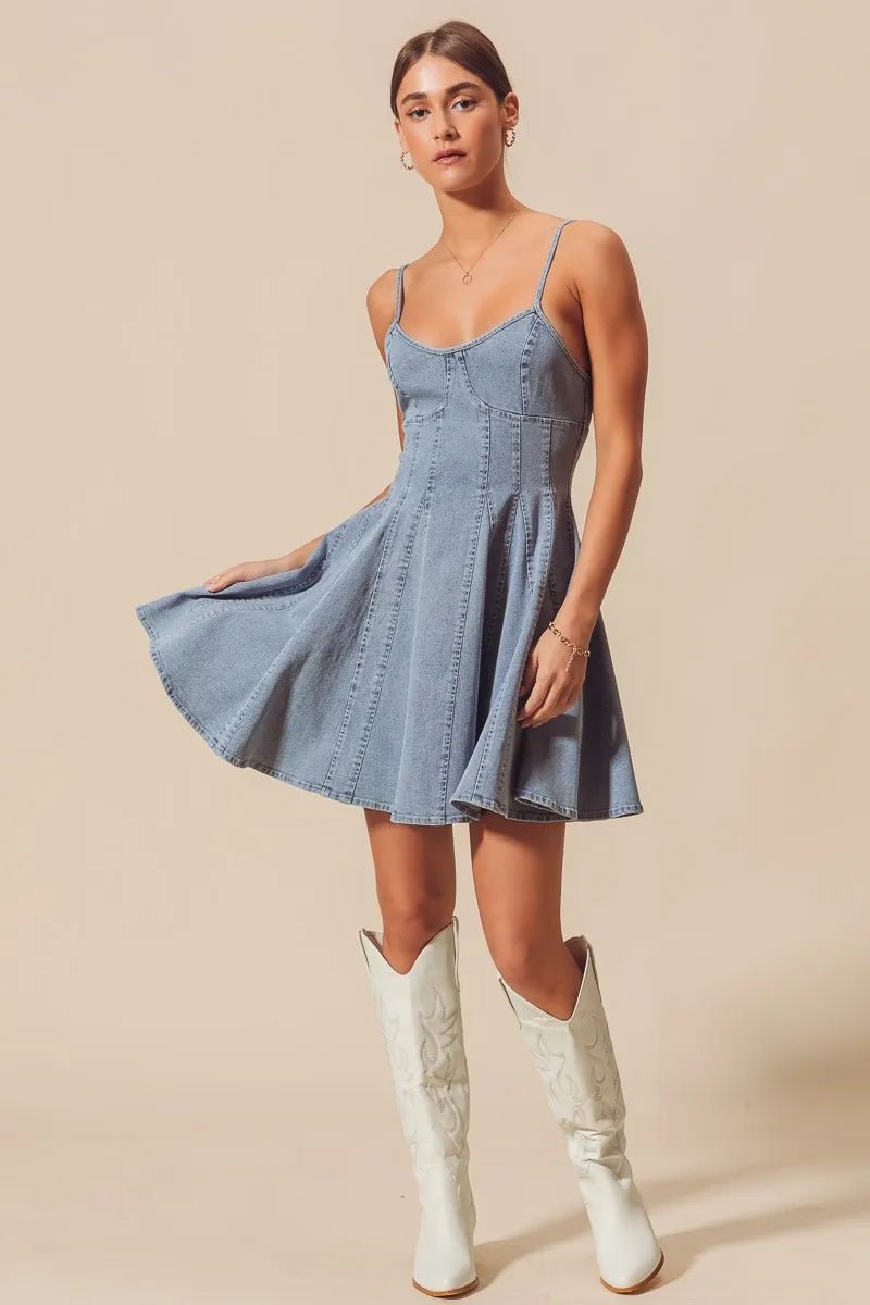 SO ME A Line Fit and Flare Denim Mini Dress - Bitsy Gypsy Boutique
