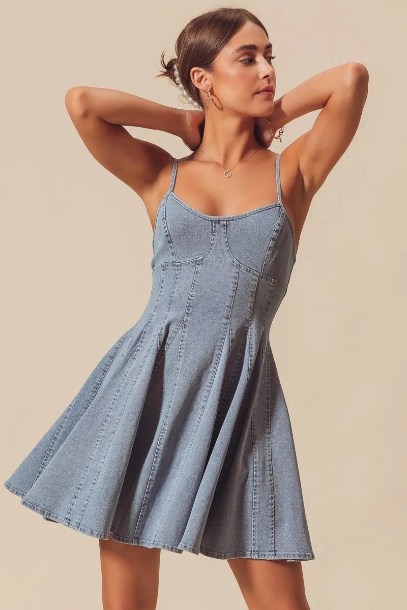 SO ME A Line Fit and Flare Denim Mini Dress - Bitsy Gypsy Boutique