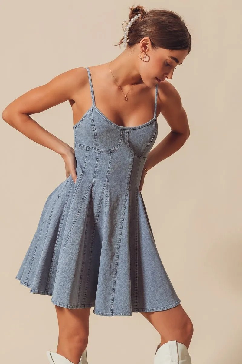 SO ME A Line Fit and Flare Denim Mini Dress - Bitsy Gypsy Boutique