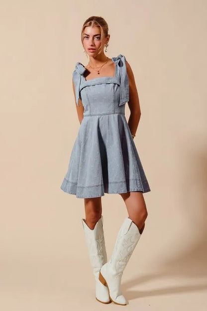 SO ME A Line Fit and Flare Diamond Bow Ribbon Denim Dres - Bitsy Gypsy Boutique