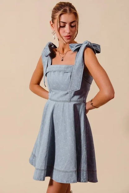 SO ME A Line Fit and Flare Diamond Bow Ribbon Denim Dres - Bitsy Gypsy Boutique