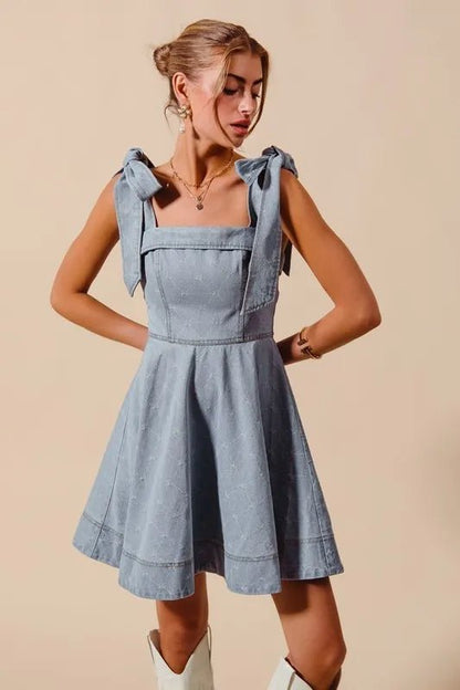 SO ME A Line Fit and Flare Diamond Bow Ribbon Denim Dres - Bitsy Gypsy Boutique