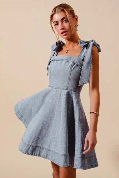 SO ME A Line Fit and Flare Diamond Bow Ribbon Denim Dres - Bitsy Gypsy Boutique