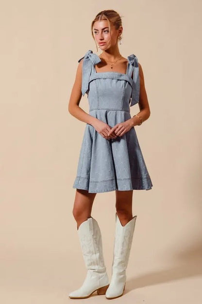 SO ME A Line Fit and Flare Diamond Bow Ribbon Denim Dres - Bitsy Gypsy Boutique