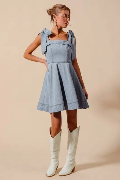 SO ME A Line Fit and Flare Diamond Bow Ribbon Denim Dres - Bitsy Gypsy Boutique