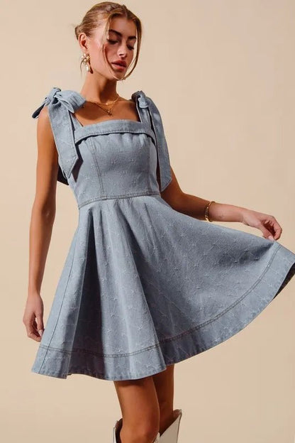 SO ME A Line Fit and Flare Diamond Bow Ribbon Denim Dres - Bitsy Gypsy Boutique