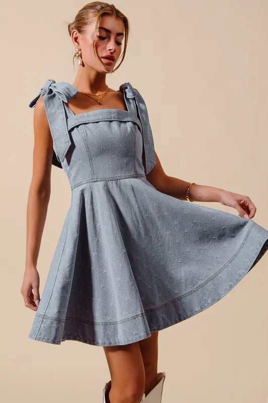 SO ME A Line Fit and Flare Diamond Bow Ribbon Denim Dres - Bitsy Gypsy Boutique