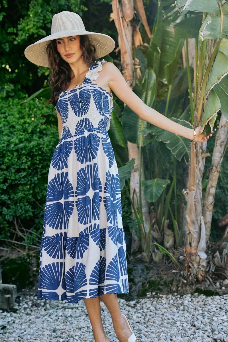 SO ME Abstract Print Smocked Bodice Tiered Lined Midi Dress - Bitsy Gypsy Boutique