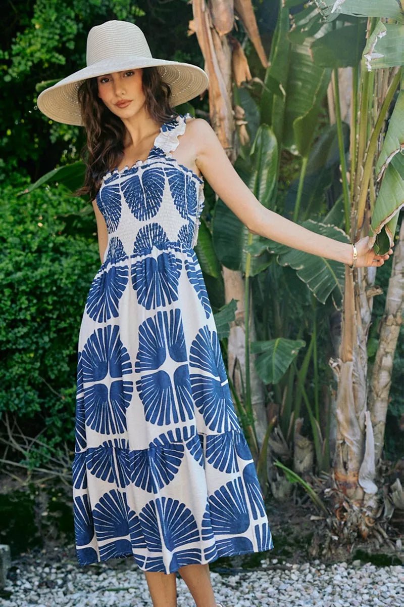 SO ME Abstract Print Smocked Bodice Tiered Lined Midi Dress - Bitsy Gypsy Boutique