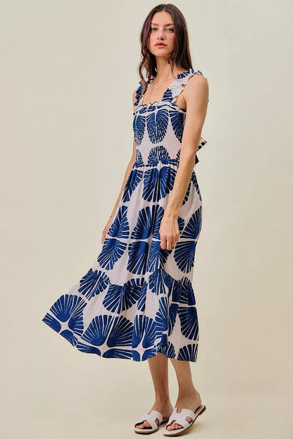 SO ME Abstract Print Smocked Bodice Tiered Lined Midi Dress - Bitsy Gypsy Boutique