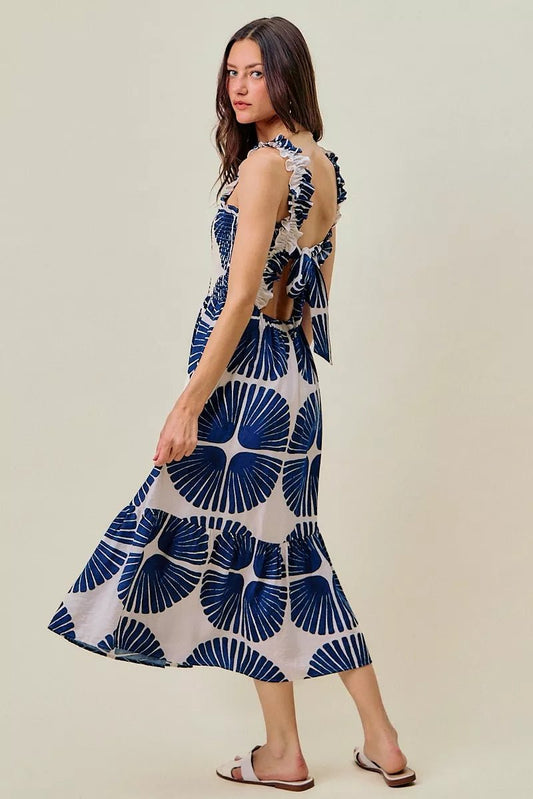 SO ME Abstract Print Smocked Bodice Tiered Lined Midi Dress - Bitsy Gypsy Boutique
