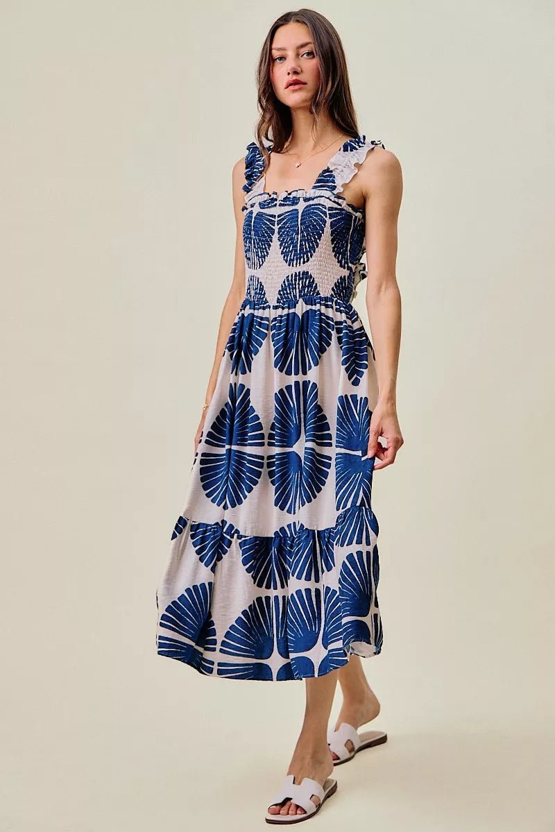 SO ME Abstract Print Smocked Bodice Tiered Lined Midi Dress - Bitsy Gypsy Boutique