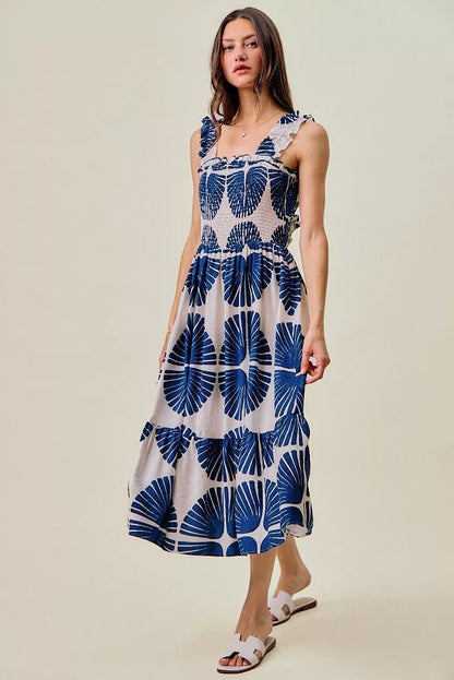 SO ME Abstract Print Smocked Bodice Tiered Lined Midi Dress - Bitsy Gypsy Boutique