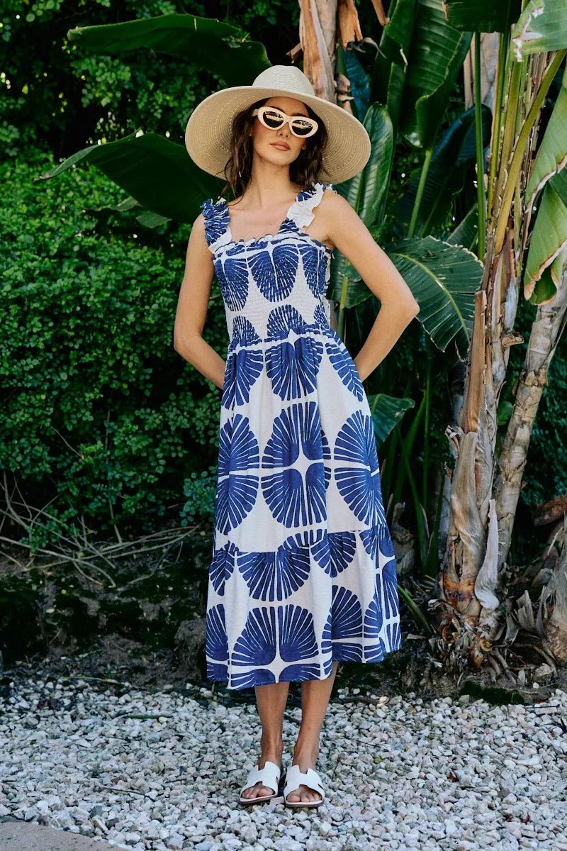 SO ME Abstract Print Smocked Bodice Tiered Lined Midi Dress - Bitsy Gypsy Boutique
