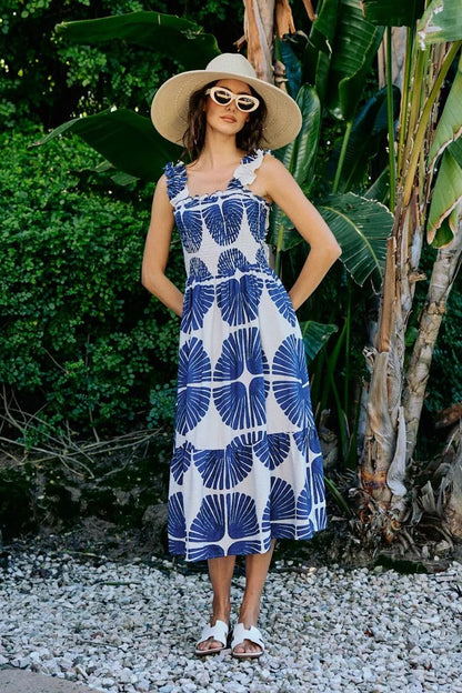 SO ME Abstract Print Smocked Bodice Tiered Lined Midi Dress - Bitsy Gypsy Boutique