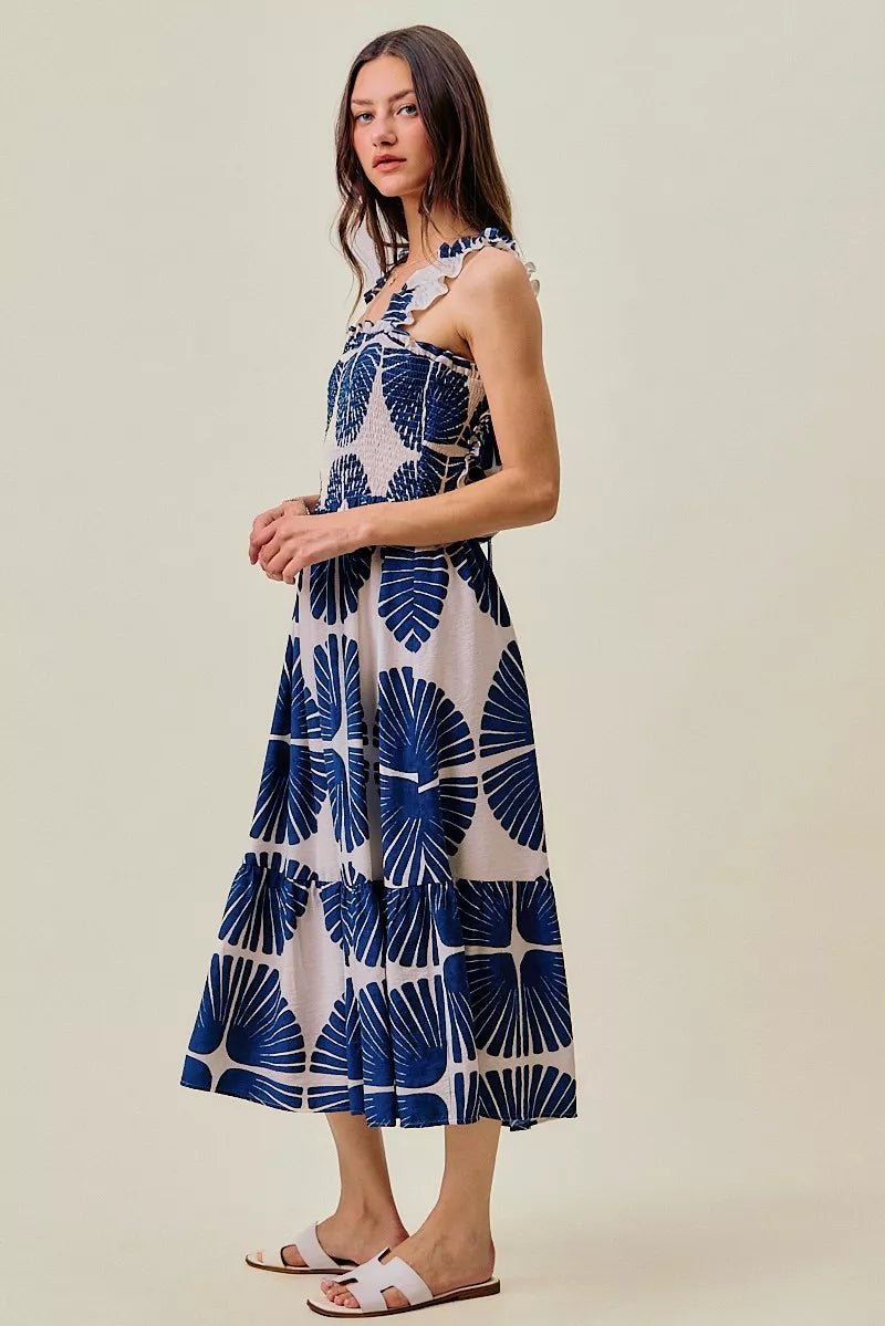 SO ME Abstract Print Smocked Bodice Tiered Lined Midi Dress - Bitsy Gypsy Boutique
