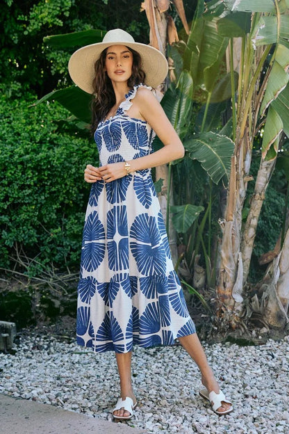 SO ME Abstract Print Smocked Bodice Tiered Lined Midi Dress - Bitsy Gypsy Boutique