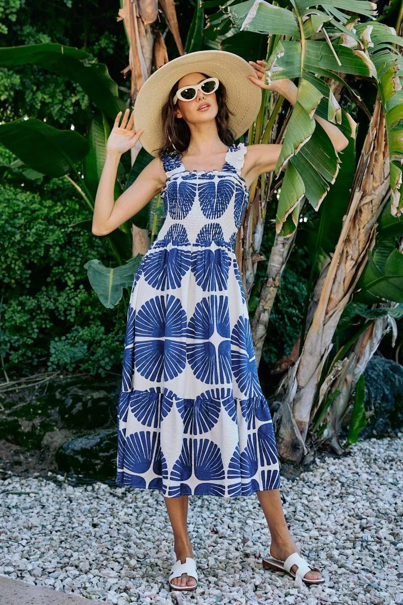 SO ME Abstract Print Smocked Bodice Tiered Lined Midi Dress - Bitsy Gypsy Boutique